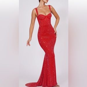Oh Polly fire red embellished gown size 6. Professionally cleaned.